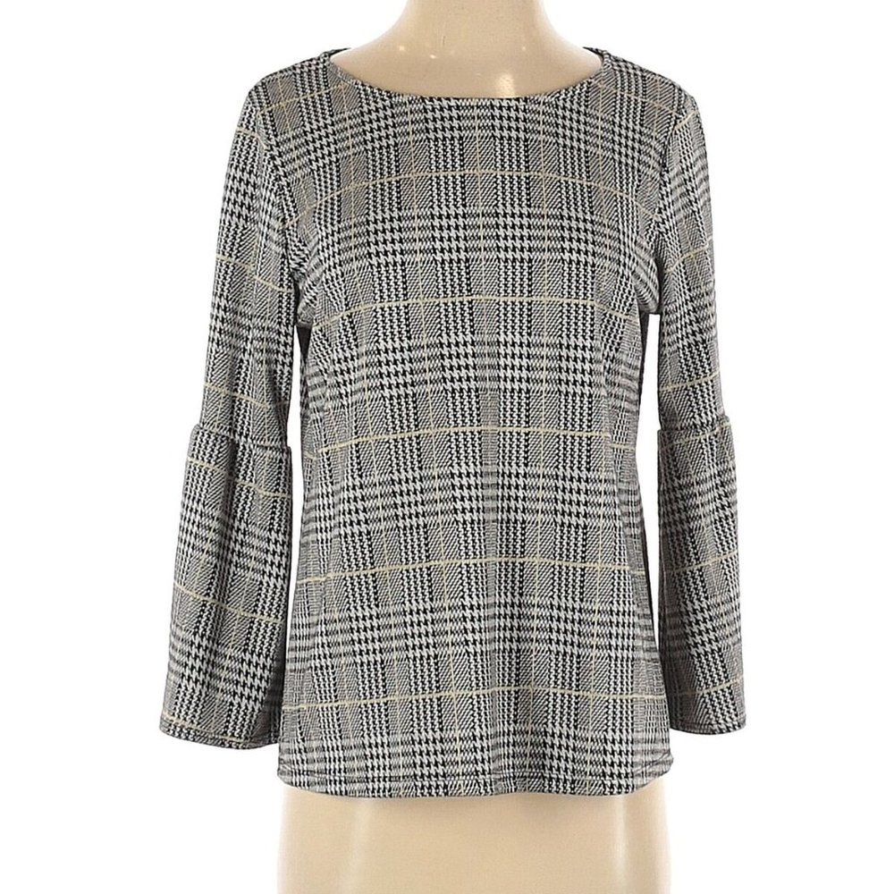 Allison Joy Gray Plaid Bell Sleeve Women's Blouse